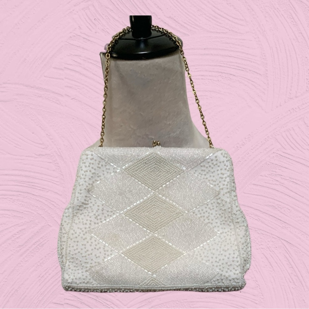 Handmade Used Vintage Richere Elegant White Beaded Women's Bag